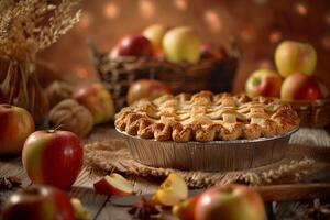 rustic apple pie and fresh apples isolated on a brown gradient background photo