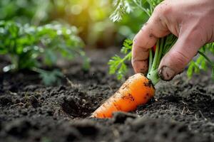 hand pulling a fresh carrot from soil, dirt particles visible, garden setting photo