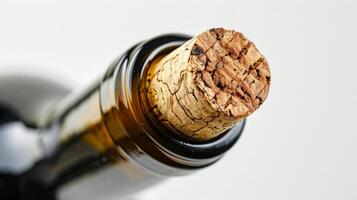 Close up of a cork being pulled from a wine bottle, isolated on white background photo