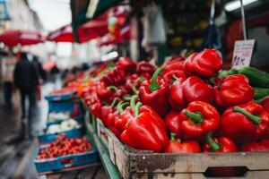 rojo campana pimientos en un mercado parar, vibrante en contra un ocupado urbano ajuste foto