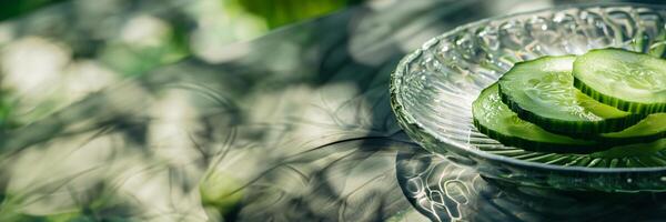 sliced cucumber on a textured glass plate, refreshing green, backlit by sunlight photo