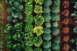 overhead shot of a colorful vegetable garden, rows of greens and root vegetables photo