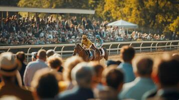 A crowd of people are watching a horse race The atmosphere is lively and exciting The spectators are cheering photo