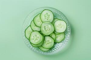 sliced cucumber on glass plate isolated on a light green gradient background photo