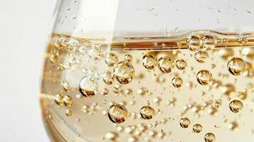 Close up of white wine bubbles in a glass, macro shot, isolated on white background photo