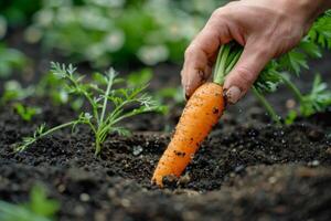 hand pulling a fresh carrot from soil, dirt particles visible, garden setting photo