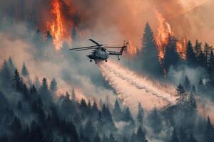 helicóptero goteante agua terminado un bosque fuego, dramático aéreo lucha contra incendios esfuerzo en contra un fondo de fumar foto