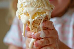 Ice cream melting quickly in a childs hand, focus on the dripping ice cream and disappointed expression photo