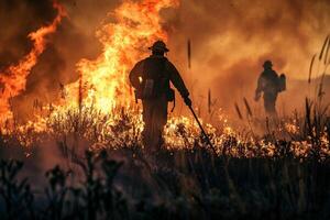 Firefighters setting a controlled burn to prevent larger wildfires, strategic flames under a controlled setting photo