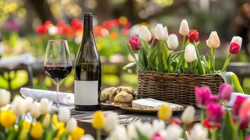 Perfecto foto, valores estilo foto elegante al aire libre comida conjunto entre vistoso tulipanes, presentando un cesta con vino y gastrónomo meriendas