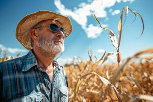 Farmer inspecting wilted crops under the harsh sun, hat and sunglasses on, concern evident photo