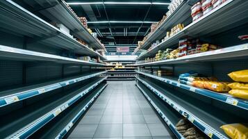 empty grocery shelves, panic buying concept, background with empty space for text photo