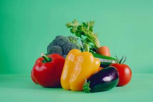 colorful garden vegetables isolated on a vibrant green gradient background photo