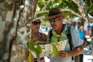 Tourists with hats and sunglasses, consulting a map under a scant tree shade, visibly overheated photo