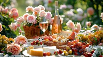 Perfecto foto, valores estilo foto romántico picnic en un floreciente Rosa jardín con vino, queso, y Fresco frutas arreglado en un acogedor cobija