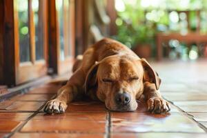 Dog laying on a cool tile floor inside a house, escaping the outdoor heat, looking relieved photo