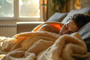 Person lying on a couch with wet towels, trying to cool off during an intense heatwave photo