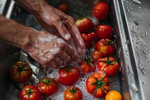 manos Lavado polvoriento reliquia de familia Tomates en un acero hundir, granja a mesa concepto foto