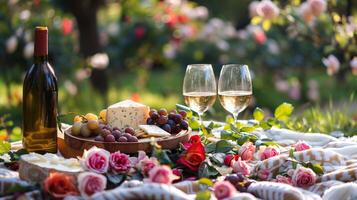 Perfecto foto, valores estilo foto romántico picnic en un floreciente Rosa jardín con vino, queso, y Fresco frutas arreglado en un acogedor cobija