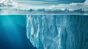 melting glacier with a calving iceberg, climate change evidence photo