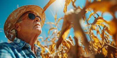 granjero inspeccionando marchito cultivos debajo el duro sol, sombrero y Gafas de sol en, preocupación evidente foto