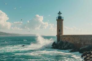 Large retro lighthouse with beam of bright light shining out to blue sea photo