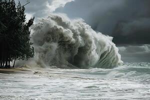 Scary tsunami with huge foamy wave, apocalyptic dramatic background photo