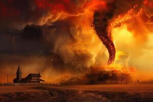 Scary huge hurricane fire tornado, apocalyptic dramatic background photo