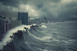 Scary tsunami with huge foamy wave, apocalyptic dramatic background photo