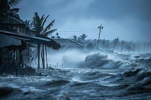 de miedo tsunami con enorme espumoso ola, apocalíptico dramático antecedentes foto