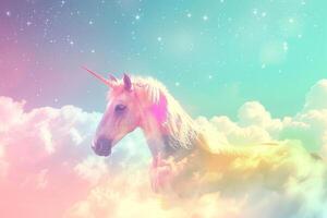 fantasía unicornio en hermosa cielo con brillante arco iris y mullido nubes foto