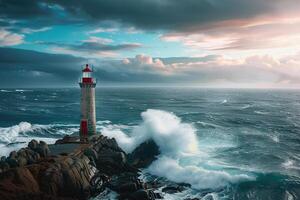 Large retro lighthouse with beam of bright light shining out to blue sea photo