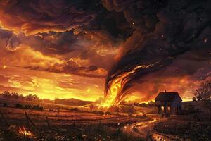 Scary huge hurricane fire tornado, apocalyptic dramatic background photo