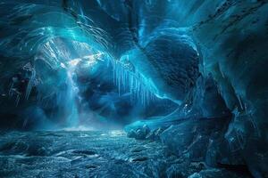 Entrance to blue ice cave covered with white snow inside a huge glacier photo