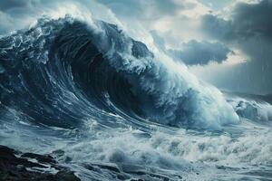 Scary tsunami with huge foamy wave, apocalyptic dramatic background photo