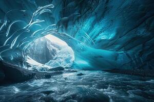 Entrance to blue ice cave covered with white snow inside a huge glacier photo