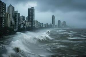 Scary tsunami with huge foamy wave, apocalyptic dramatic background photo