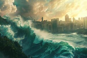 Scary tsunami with huge foamy wave, apocalyptic dramatic background photo