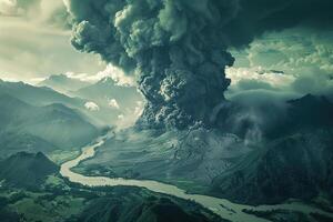 Erupting volcano with cascading hot lava surrounded thick white smoke photo