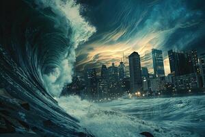 Scary tsunami with huge foamy wave, apocalyptic dramatic background photo