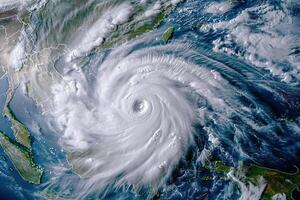 Scary huge hurricane typhoon over ocean, apocalyptic dramatic background photo