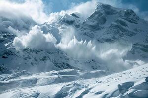 Descent of an huge avalanche from the mountain, winter nature landscape photo
