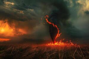 Scary huge hurricane fire tornado, apocalyptic dramatic background photo