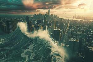 Scary tsunami with huge foamy wave, apocalyptic dramatic background photo