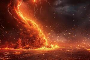 Scary huge hurricane fire tornado, apocalyptic dramatic background photo