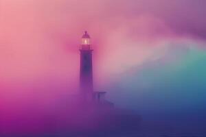 Large retro lighthouse with beam of bright light shining out to blue sea photo