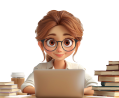 3d cartoon character of a young woman working with laptop equipment, etc, on a table, generated ai png