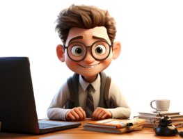 3d cartoon character of a young man working with laptop equipment, etc, on a table, generated ai png