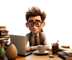 3d cartoon character of a young man working with laptop equipment, etc, on a table, generated ai png