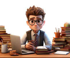 3d cartoon character of a young man working with laptop equipment, etc, on a table, generated ai png